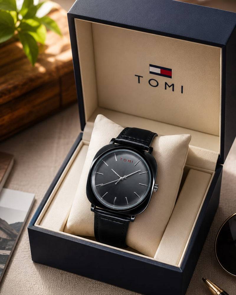 TOMI Original Black Dial Watch | Premium Black Leather Strap